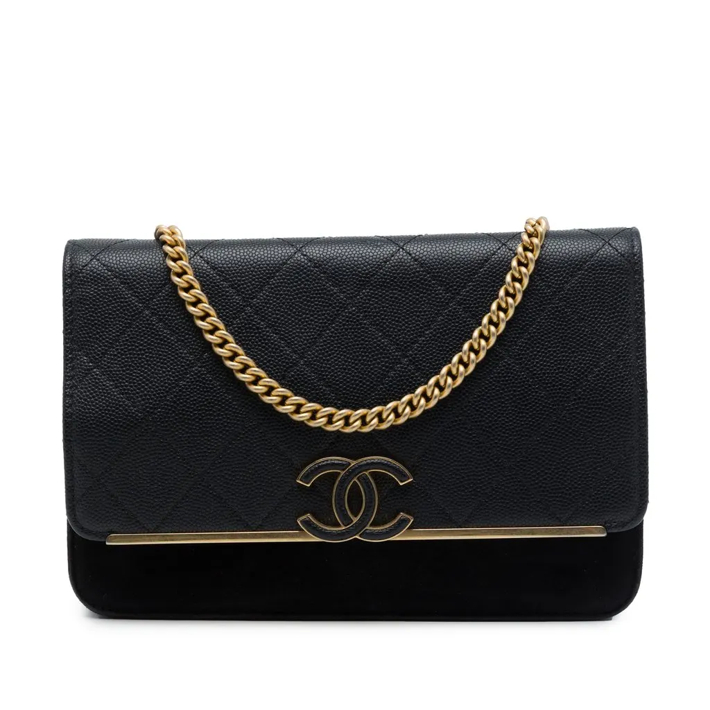 Chanel Stitched Caviar and Suede Lady Coco Wallet On Chain Black Leather Very good - Front View