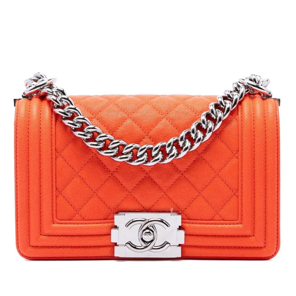 Chanel Small Quilted Caviar Boy Flap Orange Leather Very good - Front View