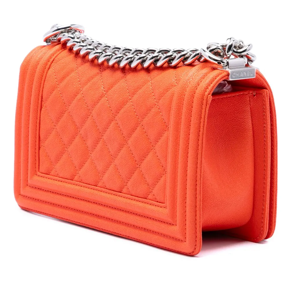 Chanel Small Quilted Caviar Boy Flap Orange Leather Very good - Back View