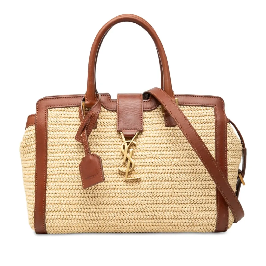 Saint Laurent Baby Raffia Monogram Downtown Cabas Satchel Beige Rattan Good - Front View