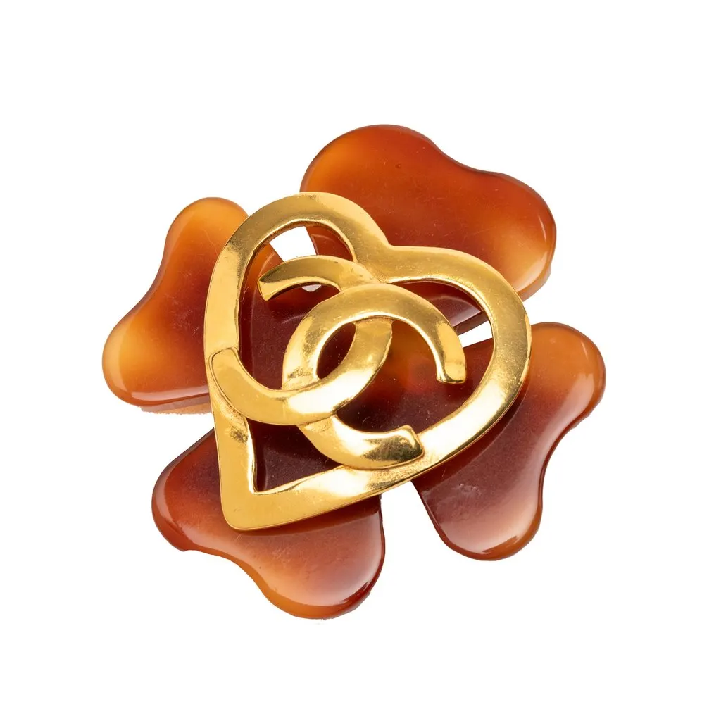 Chanel CC Gold Plated and Resin Clover Heart Pin Brooch Brown Plastic Very good - Front View