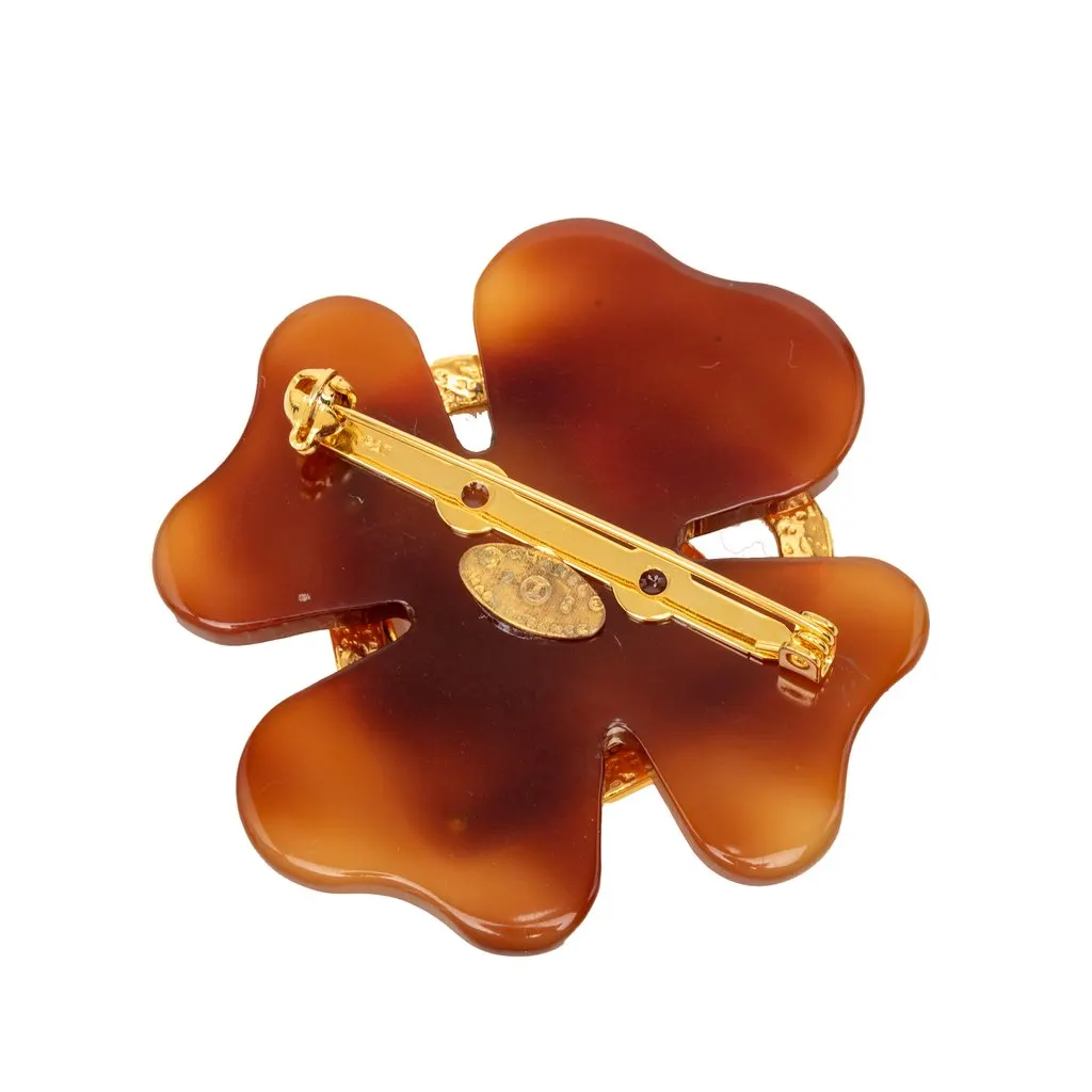 Chanel CC Gold Plated and Resin Clover Heart Pin Brooch Brown Plastic Very good - Back View