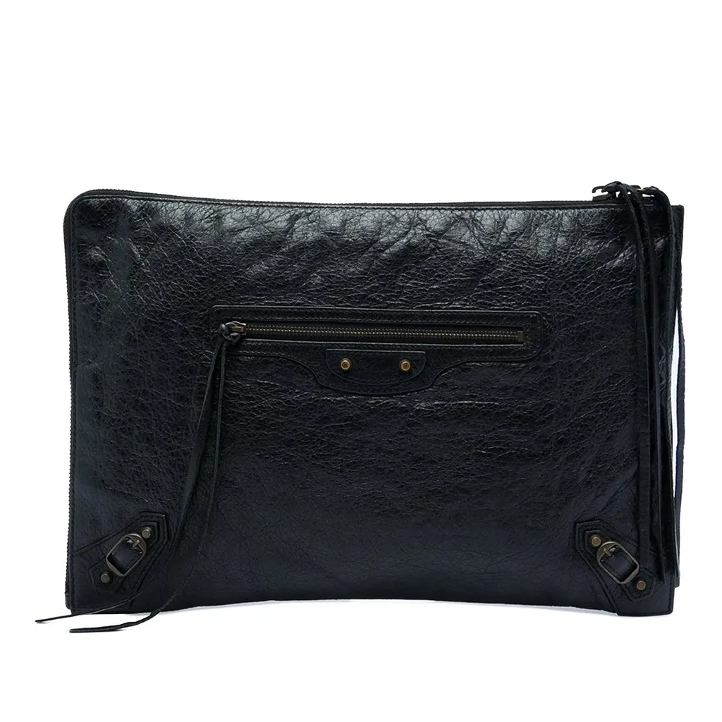 Balenciaga Lambskin Motocross Classic Flat Clutch Black Leather Very good - Front View