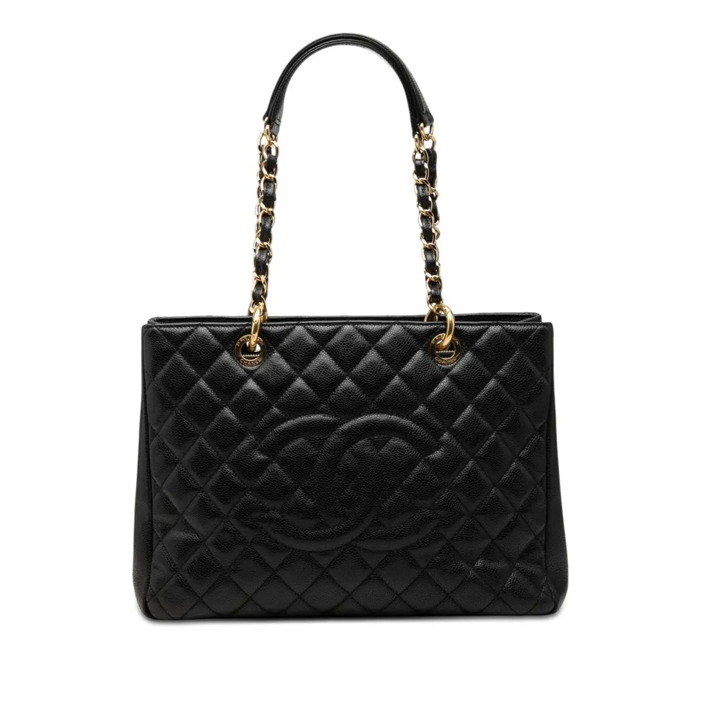 Chanel Caviar Grand Shopping Tote Black Leather Very good - Front View