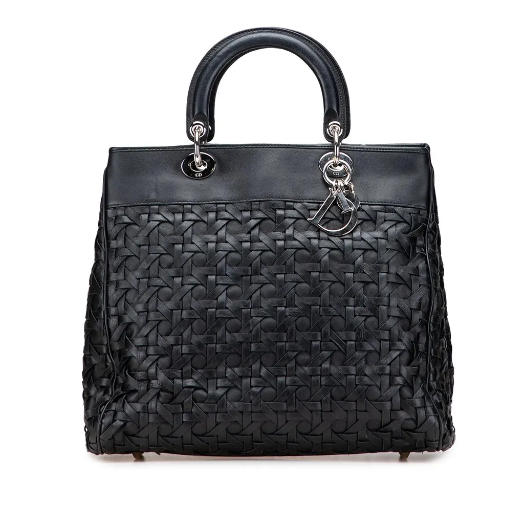 Dior Woven Lambskin Lady Dior Avenue Tote Black Leather Good - Front View