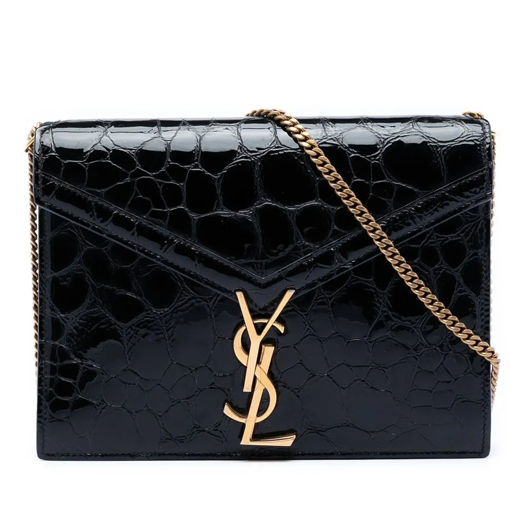 Saint Laurent Shiny Croc Embossed Calfskin Monogram Cassandra Chain Wallet Black Leather Very good - Front View