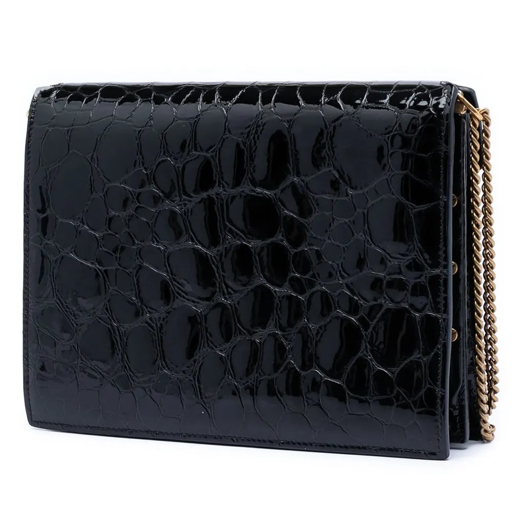 Saint Laurent Shiny Croc Embossed Calfskin Monogram Cassandra Chain Wallet Black Leather Very good - Back View