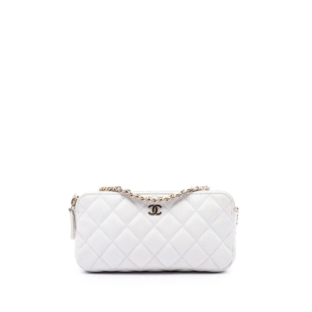 Chanel CC Quilted Caviar Double Zip Clutch With Chain White Leather Very good - Front View
