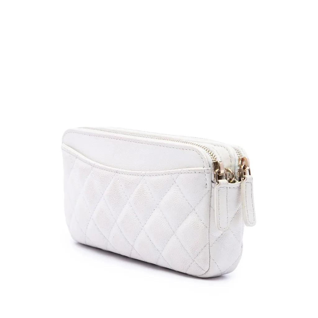 Chanel CC Quilted Caviar Double Zip Clutch With Chain White Leather Very good - Back View