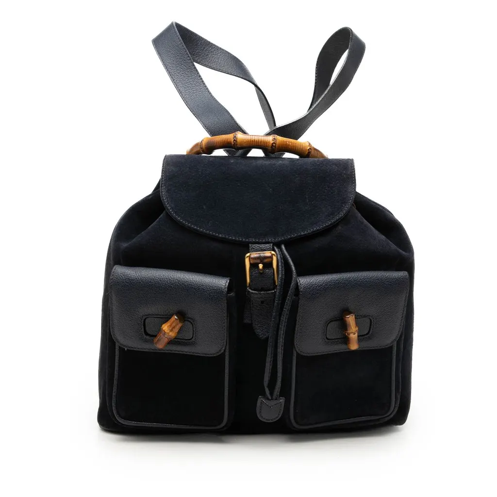 Gucci Suede Bamboo Drawstring Backpack Blue Leather Very good - Front View