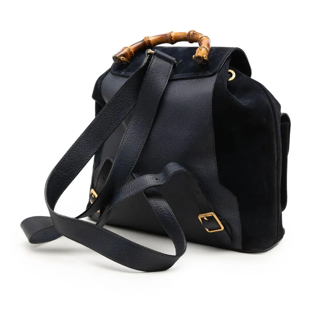 Gucci Suede Bamboo Drawstring Backpack Blue Leather Very good - Back View