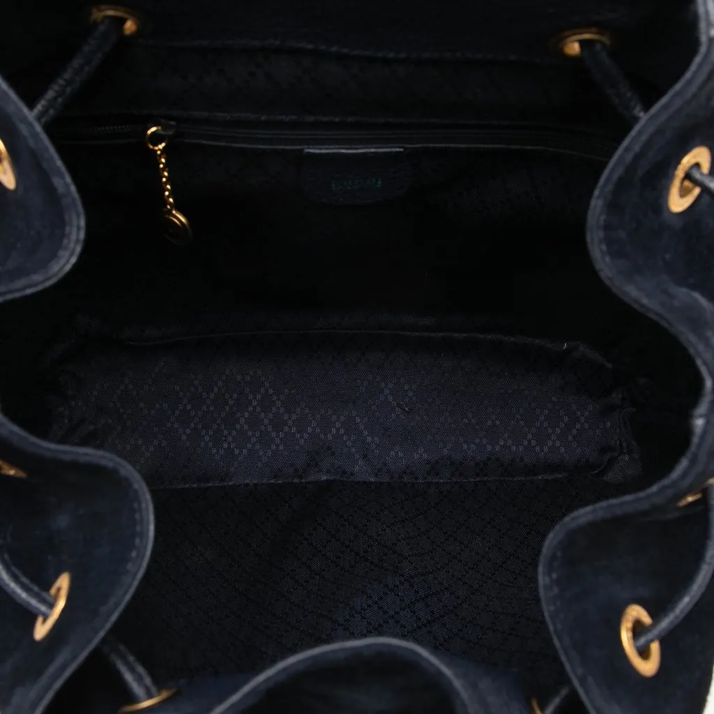 Gucci Suede Bamboo Drawstring Backpack Blue Leather Very good - Model View