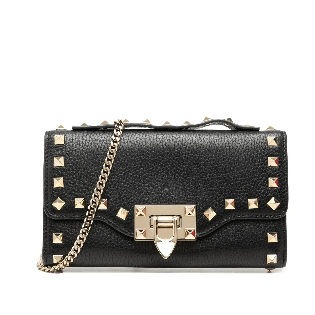 Valentino Pebbled Calfskin Rockstud Flip Lock Wallet On Chain Black Leather Very good - Front View