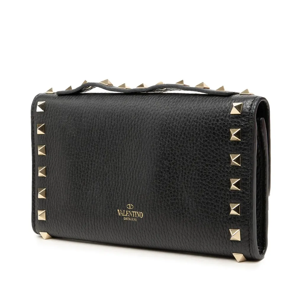 Valentino Pebbled Calfskin Rockstud Flip Lock Wallet On Chain Black Leather Very good - Back View