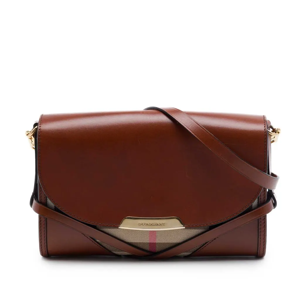 Burberry Leather and House Check Canvas Bridle Abbott Crossbody Brown Leather Very good - Front View