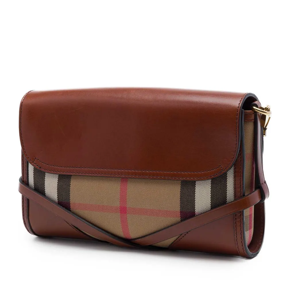 Burberry Leather and House Check Canvas Bridle Abbott Crossbody Brown Leather Very good - Back View