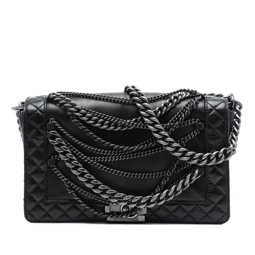 Chanel Paris Dallas Medium Lambskin Enchained Boy Flap Black Leather Very good - Front View