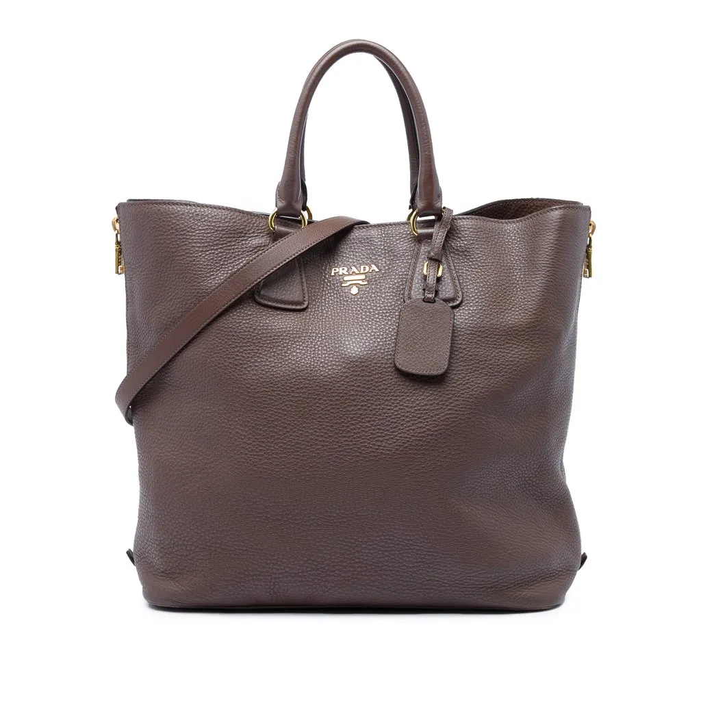 Prada Vitello Daino Side Zip Open Convertible Tote Brown Leather Very good - Front View