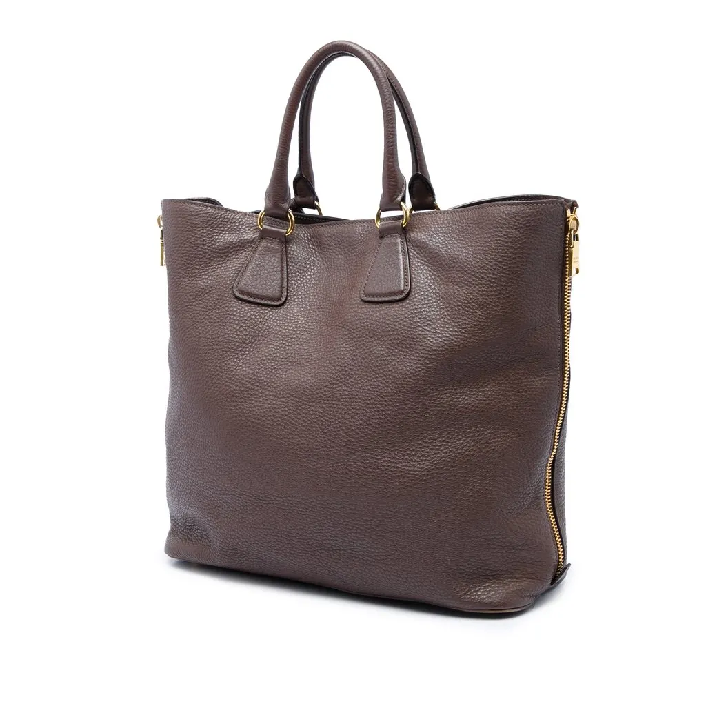 Prada Vitello Daino Side Zip Open Convertible Tote Brown Leather Very good - Back View