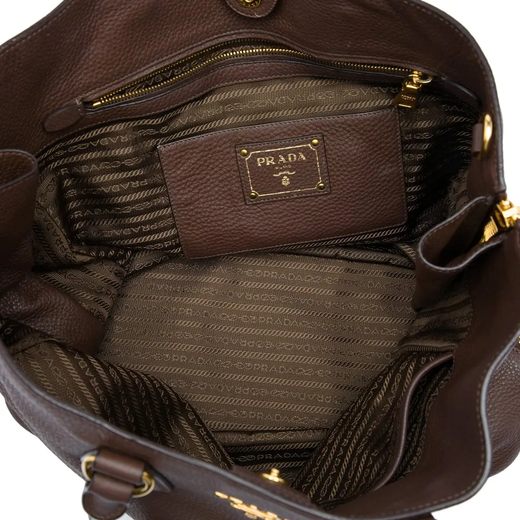 Prada Vitello Daino Side Zip Open Convertible Tote Brown Leather Very good - Model View
