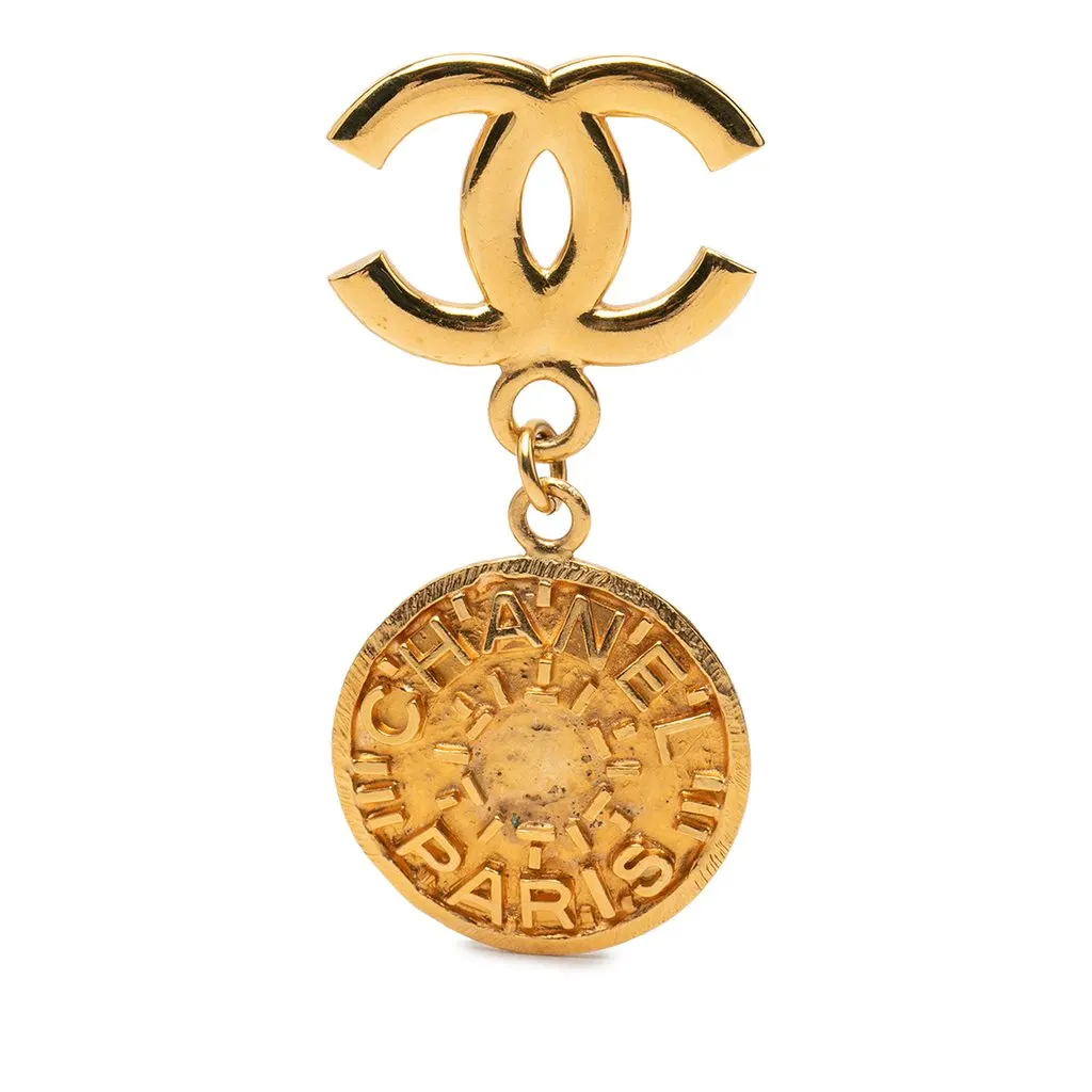 Chanel CC Gold Plated Medallion Drop Pin Brooch Gold Metal Very good - Front View