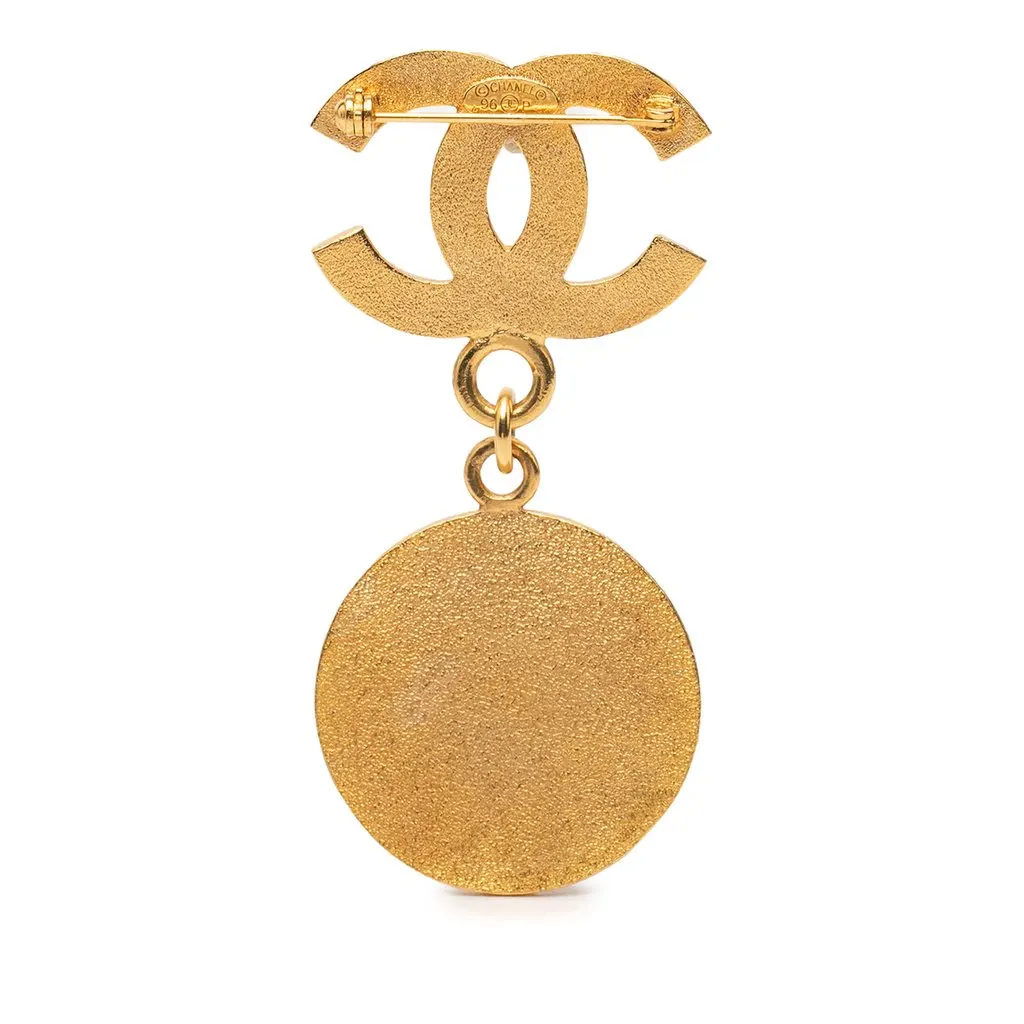Chanel CC Gold Plated Medallion Drop Pin Brooch Gold Metal Very good - Back View