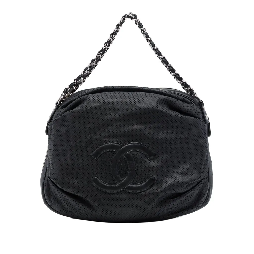 Chanel Perforated Lambskin Baseball Spirit Ligne Hobo Black Leather Very good - Front View