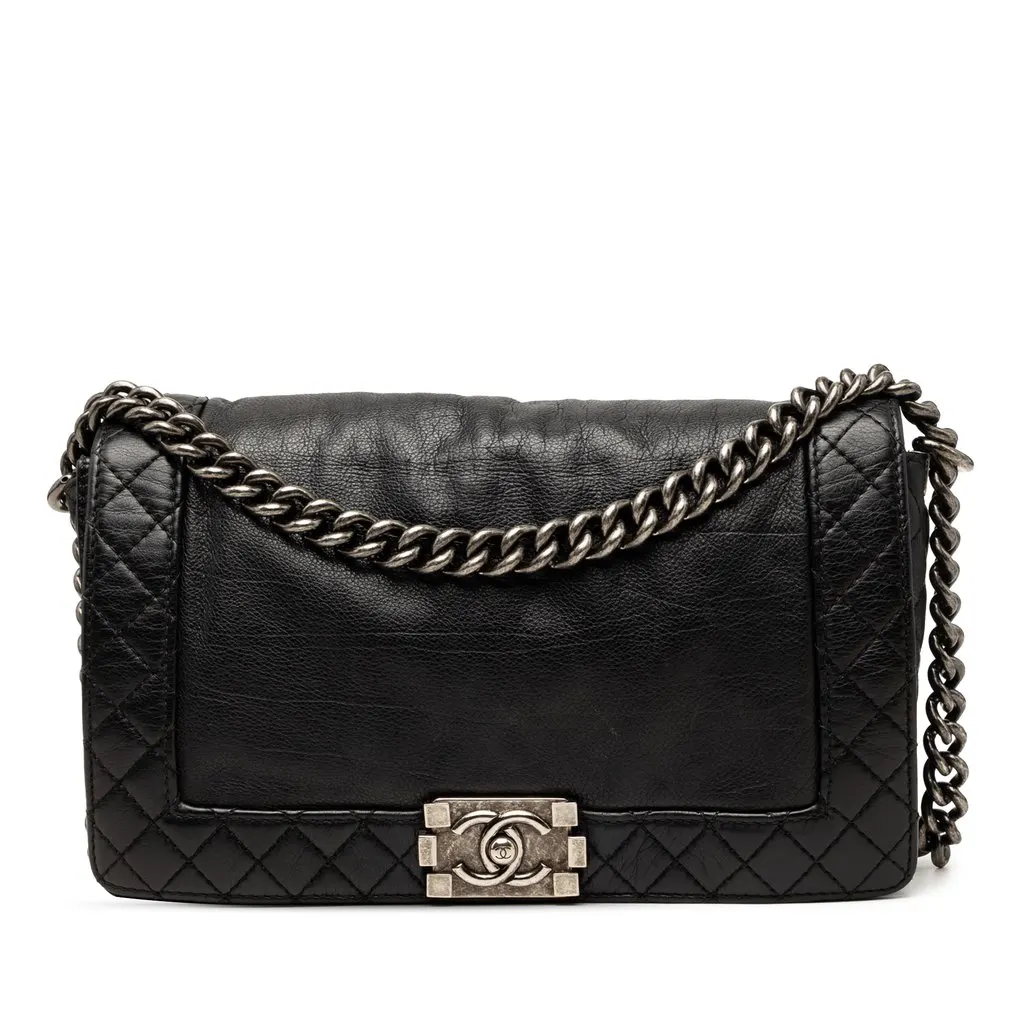 Chanel Medium Calfskin Boy Reverso Flap Black Leather Very good - Front View