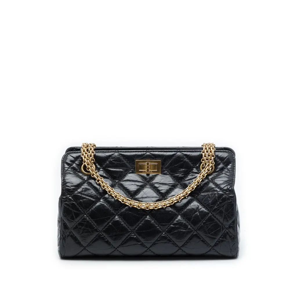 Chanel Quilted Glazed Crackled Calfskin Reissue 2.55 Shopping Bag Black Leather Very good - Front View