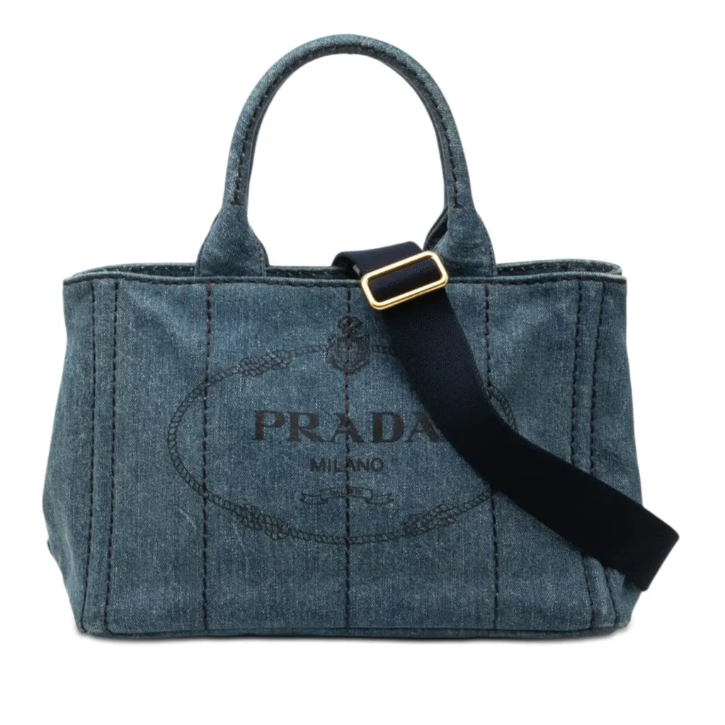 Prada Small Denim Canapa Logo Satchel Blue Very good - Front View