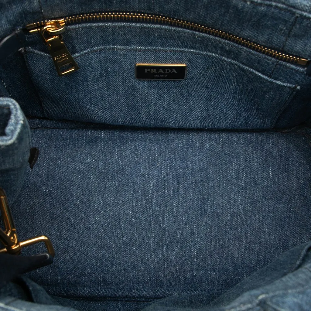 Prada Small Denim Canapa Logo Satchel Blue Very good - Model View