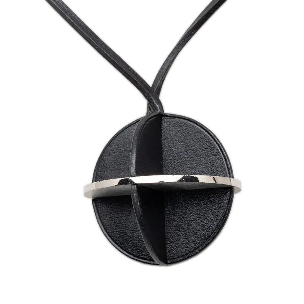 Hermès Leather and Brass Zodiac Pendant Necklace Black Leather Very good - Inside View