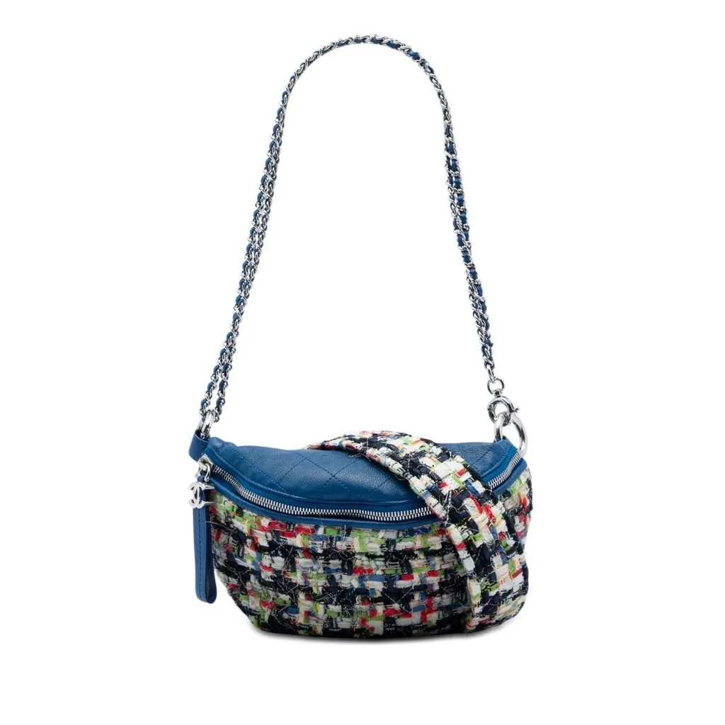 Chanel Tweed and Stitched Calfskin Convertible Waist Bag Blue Very good - Front View