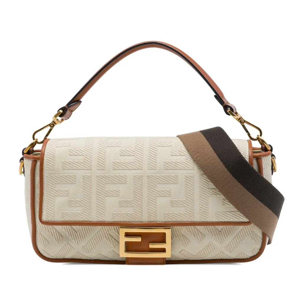 Fendi Zucca Embroidered Canvas Baguette Satchel Beige Very good - Front View
