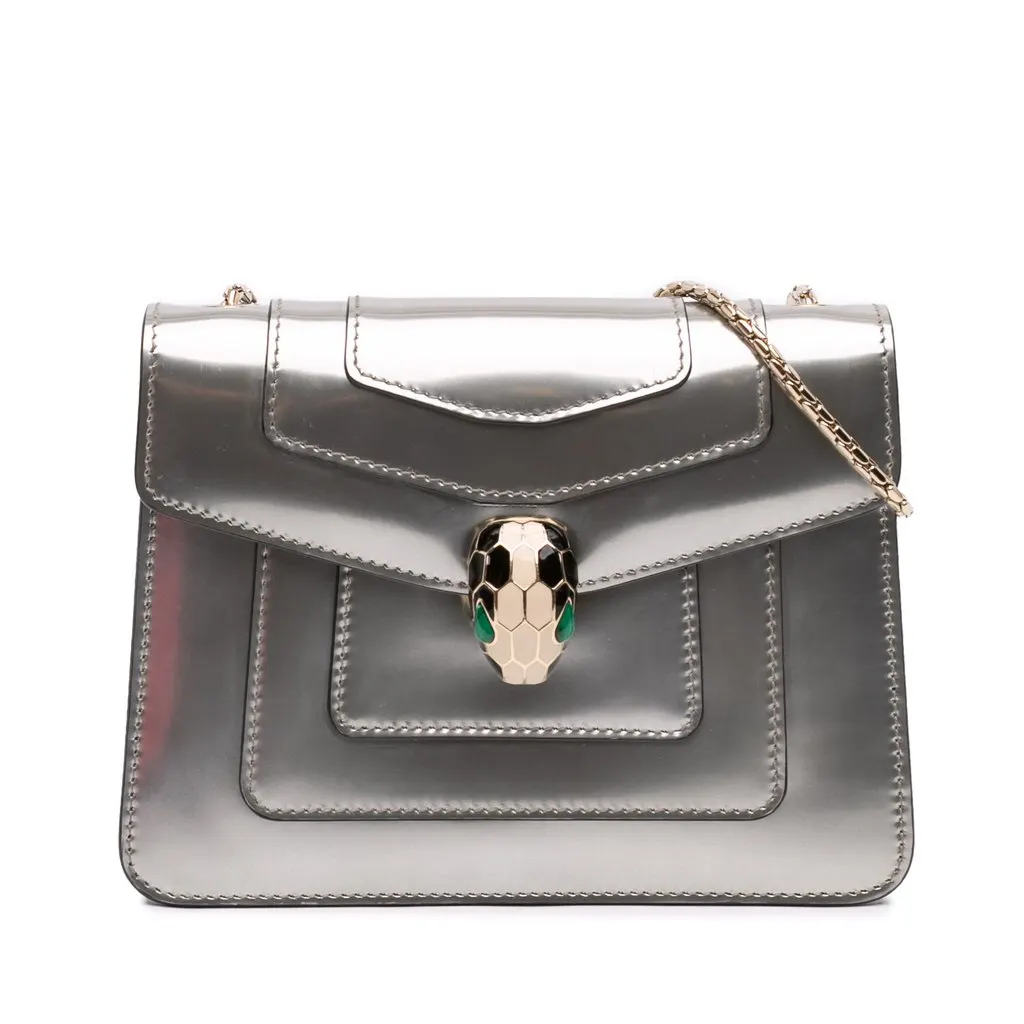 Bulgari Small Patent Serpenti Forever Crossbody Silver Leather Very good - Front View