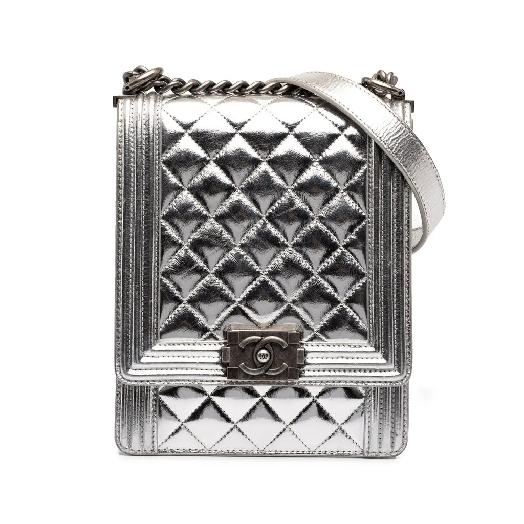 Chanel Quilted Metallic Goatskin North South Boy Flap Silver Leather Very good - Front View
