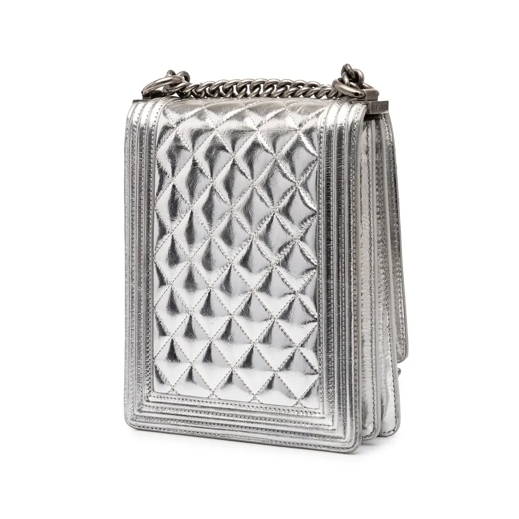 Chanel Quilted Metallic Goatskin North South Boy Flap Silver Leather Very good - Back View