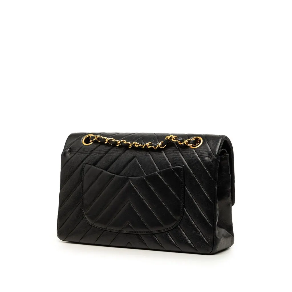 Chanel Medium Classic Chevron Lambskin Double Flap Black Leather Very good - Back View
