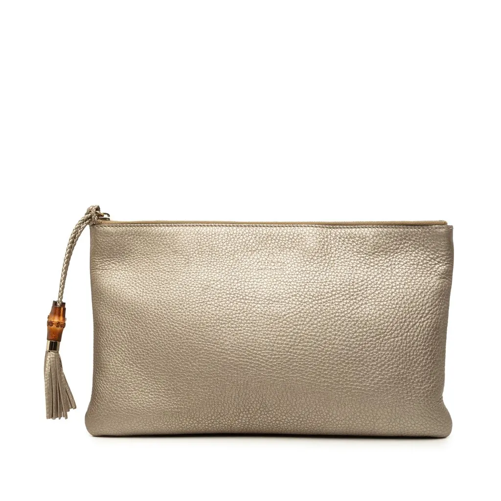 Gucci Calfskin Bamboo Tassel Clutch Gold Leather Very good - Front View
