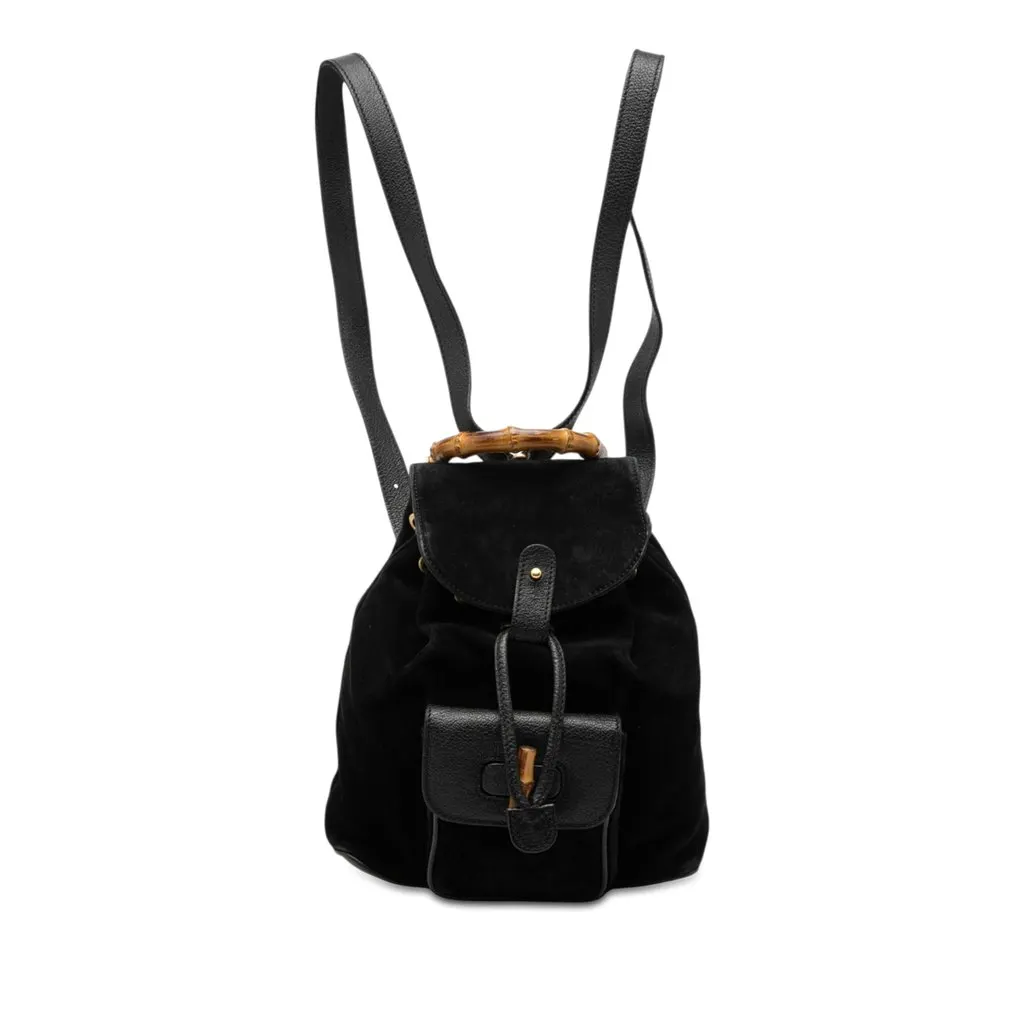 Gucci Suede Bamboo Backpack Black Leather Very good - Front View