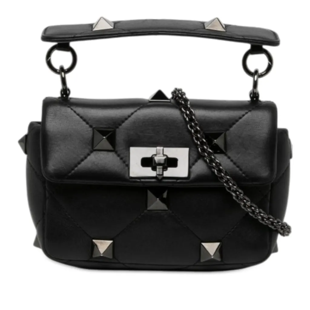 Valentino Small Nappa Monochrome Roman Stud Satchel Black Leather Very good - Front View