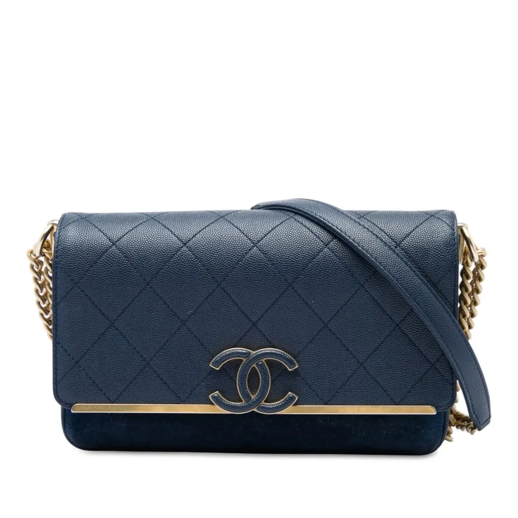 Chanel CC Stitched Caviar and Suede Lady Coco Flap Blue Leather Very good - Front View