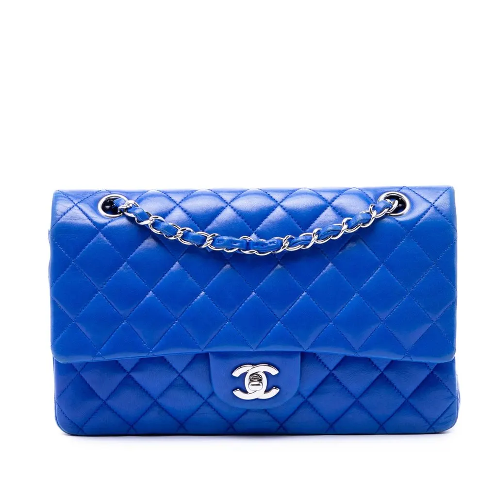 Chanel Medium Classic Lambskin Double Flap Blue Leather Very good - Front View