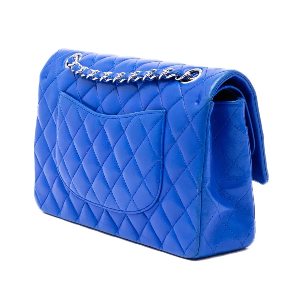 Chanel Medium Classic Lambskin Double Flap Blue Leather Very good - Back View
