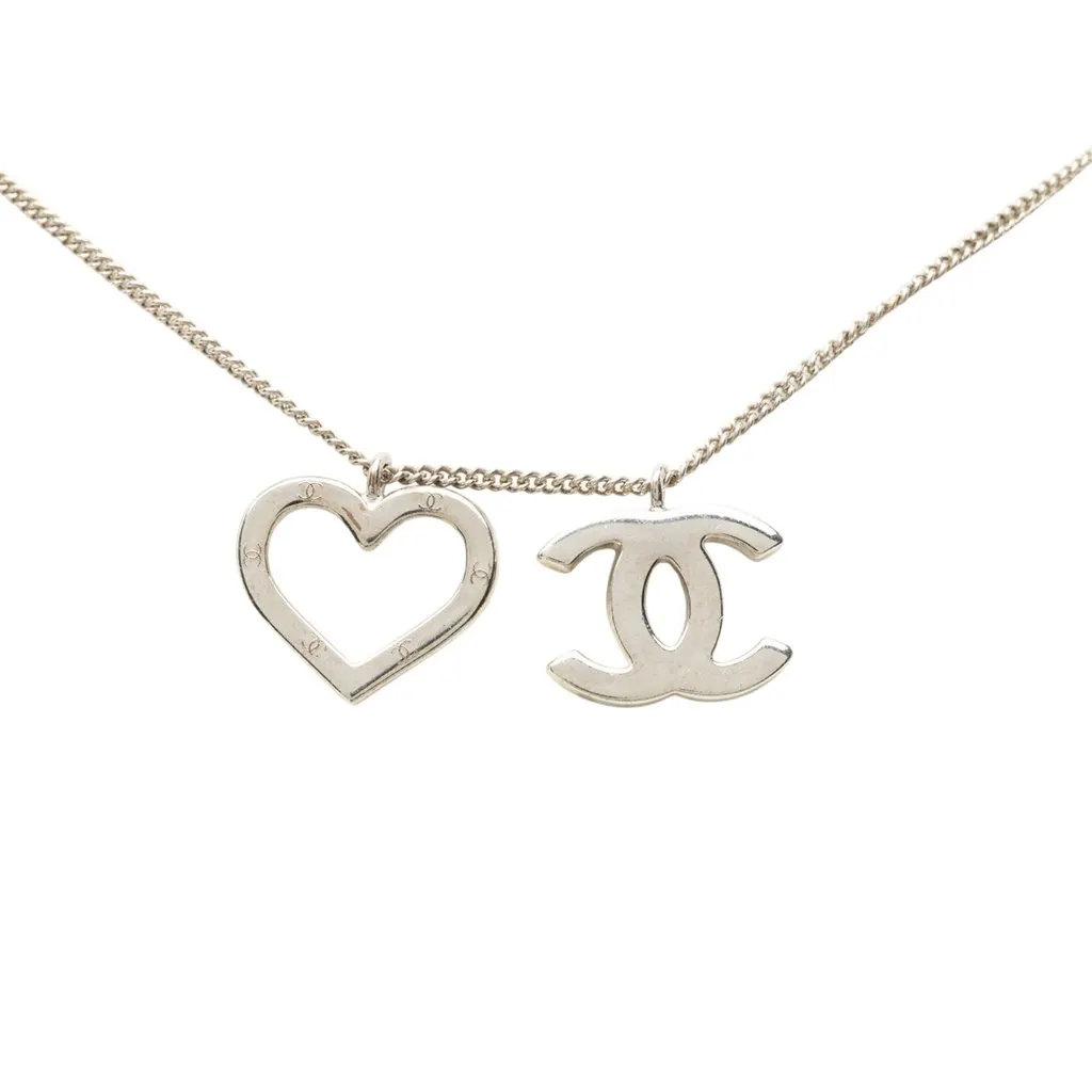 Chanel CC Brass Heart Pendant Necklace Silver Metal Very good - Back View