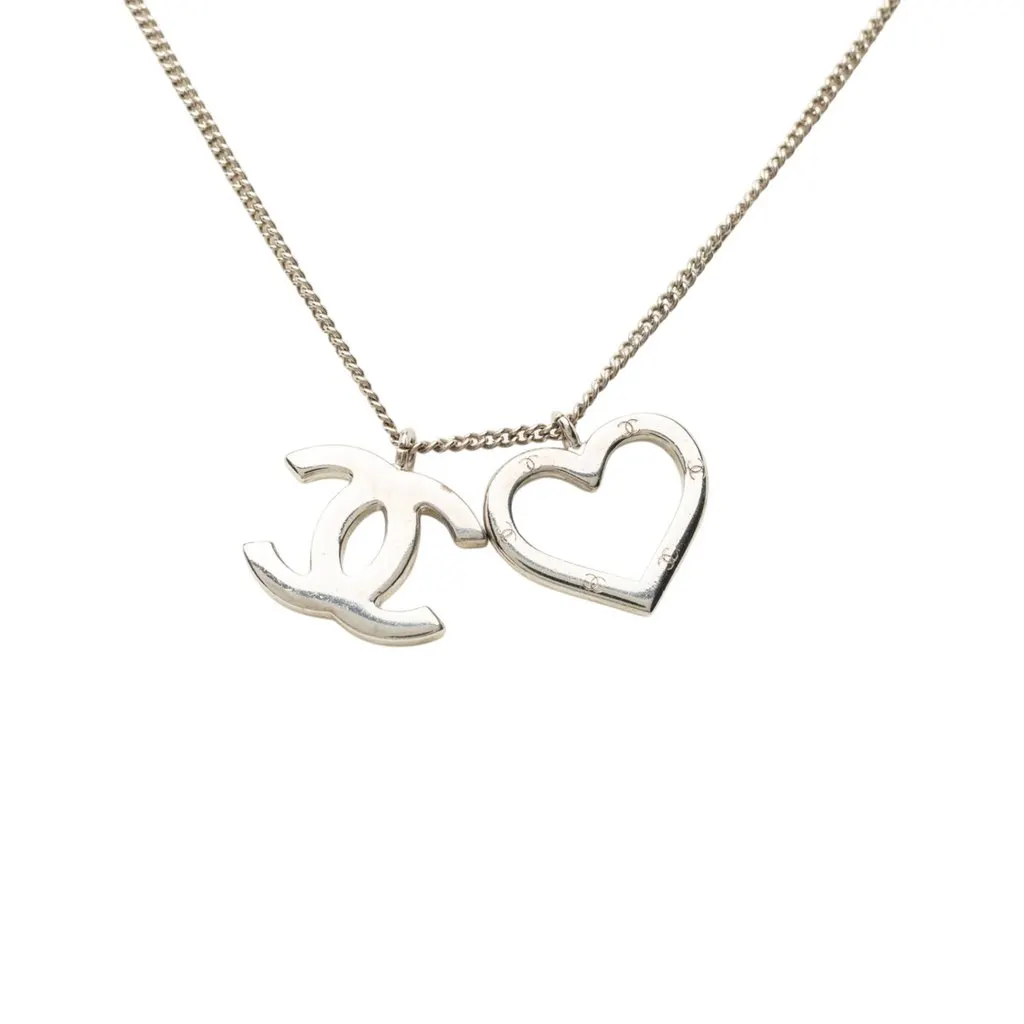 Chanel CC Brass Heart Pendant Necklace Silver Metal Very good - Inside View