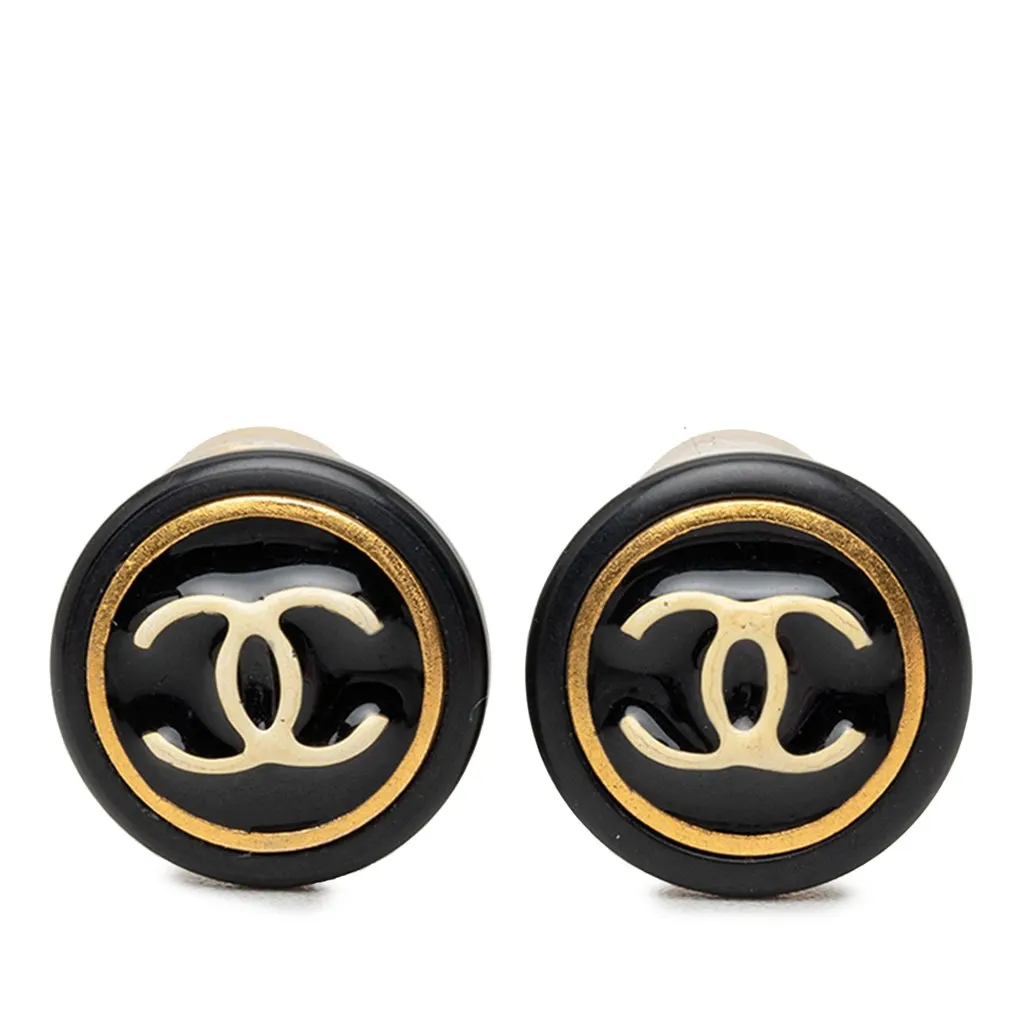 Chanel CC Resin and Gold Plated Button Clip On Earrings Black Plastic Very good - Front View