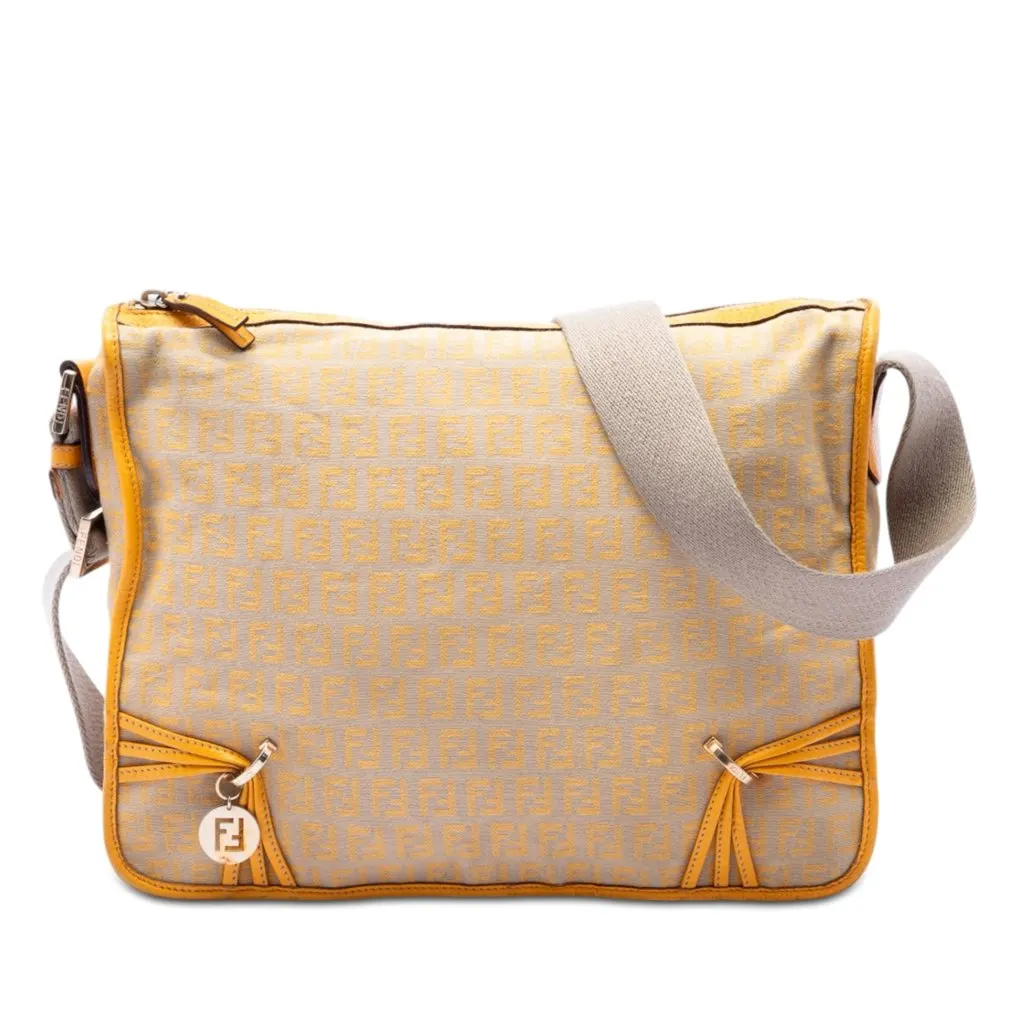 Fendi Zucchino Canvas F Charm Crossbody Beige Very good - Front View