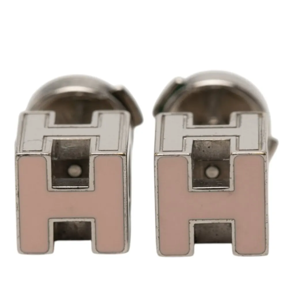 Hermès Palladium Plated Enamel Cage dH Cube Push Back Earrings Pink Metal Very good - Front View