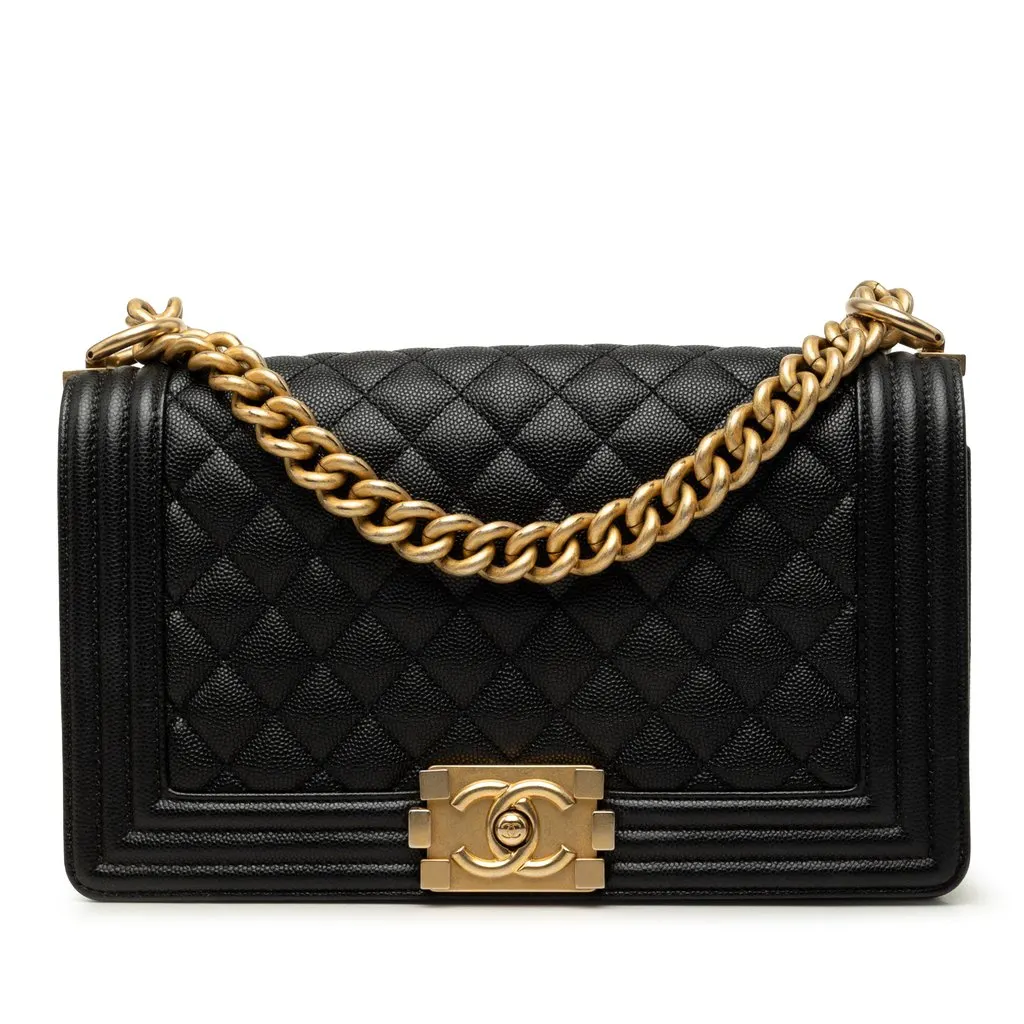 Chanel Old Medium Quilted Caviar Boy Flap Black Leather Very good - Front View